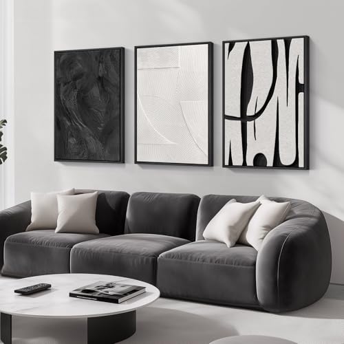 Large Framed Black and White Abstract Wall Art for Living Room, 3 Piece Canvas Prints Paintings Artwork for Walls, Modern Minimalist Pictures for Hallway Stair Office Wall Decor -Total Size 30x60 Inch