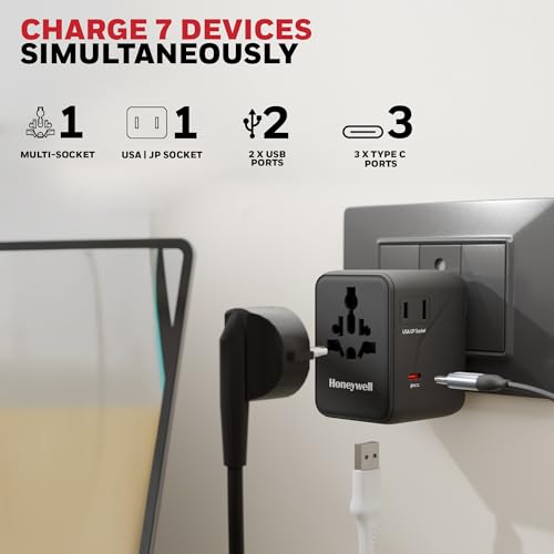 Image of Honeywell Universal Travel Adapter 70W, 7 in 1 Fast Charging, QC3.0 /PD, Universal & US Socket, 3 Type C, 2 USB A, Overload & overvoltage Protection, International Adapter for EU, US, UK & CN /AUS