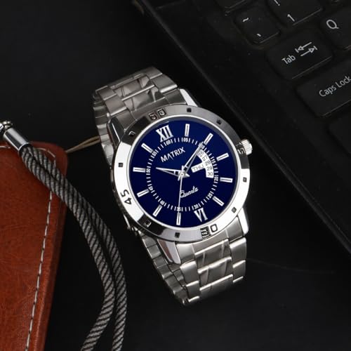 Matrix Antique Day & Date Leather Strap Analog Watch for Men & Boys (Blue - Silver) - Image 4