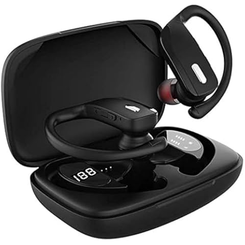 Wireless Earbuds Bluetooth Headphones, BD&M Sport Earphones with LED Display TWS Stereo Deep Bass Ear Buds with Earhooks Waterproof in-Ear Built-in Mic Headset for Running Workout - Black Cover