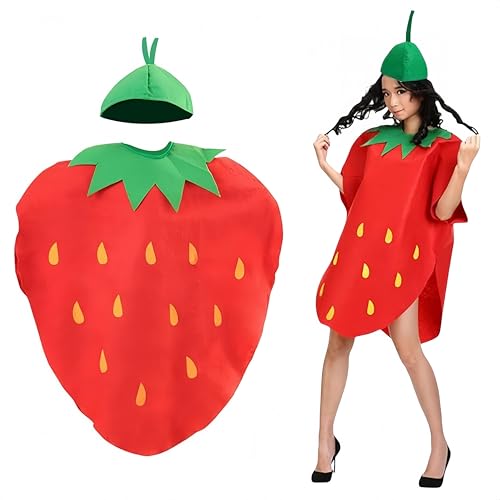 SDXCJY Erdbeerkostüm-Set für Erwachsene, lustiges rotes Frucht, Cosplay-Outfit mit Kopfbedeckung, weicher Vliesstoff, Einheitsgröße, ideal für...