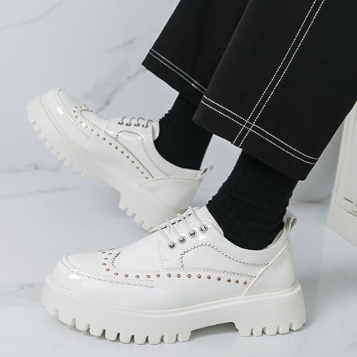 Image of Men's Patent Leather Platform Wingtip Oxford Shoes with Rivets Round Toe Lace Up Lug Sole Brogue Dress Shoes Comfortable Business Work Causal Derby Oxfords