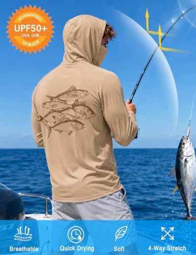 Image of FISHEAL Men's UPF 50+ Sun Protection Fishing Hoodie, Long Sleeve UV Shirts with Mask, Quick Dry Hooded for Outdoor Beach