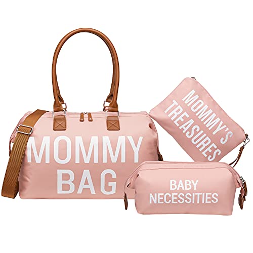 Image of printe Diaper Bag Tote for Girls with 2 Organizer Pouches, Large Capacity Mommy Bag for Hospital and Weekender Travel, Pink