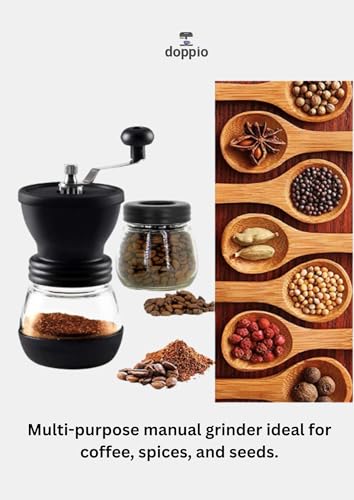 Image of Doppio Manual Coffee Grinder - Adjustable Hand Coffee Grinder with Stainless Steel Burr & Glass Container | Portable Hand Crank Mill for Freshly Ground Coffee Beans at Home, Office & Travel