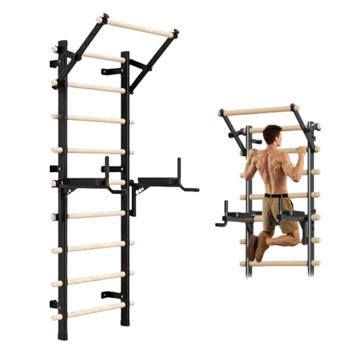 Escalera sueca de pared para gimnasio, entrenador de suspensión con barra de dominadas y accesorios de barra de inmersión, 9 varillas estratégicas para fitness en casa, terapia física y gimnasia