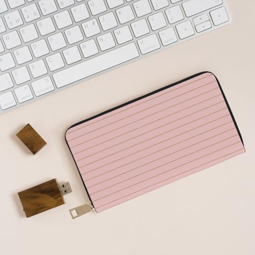 Retro gold pink pinstripe print A Wallet Women Men, Long PU Leather Wallets for Women, Cute Womens Travel Wallet Purse Pouch with Zipper Pocket 5
