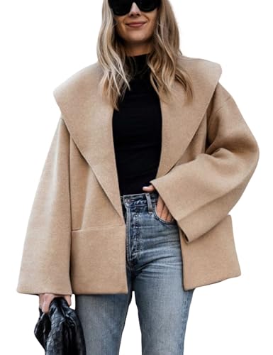 Hooever Women's Cropped Pea Coats Oversized Sweater Cardigan Lapel Open Front Fall Winter Shawl Collar Knit Sweater