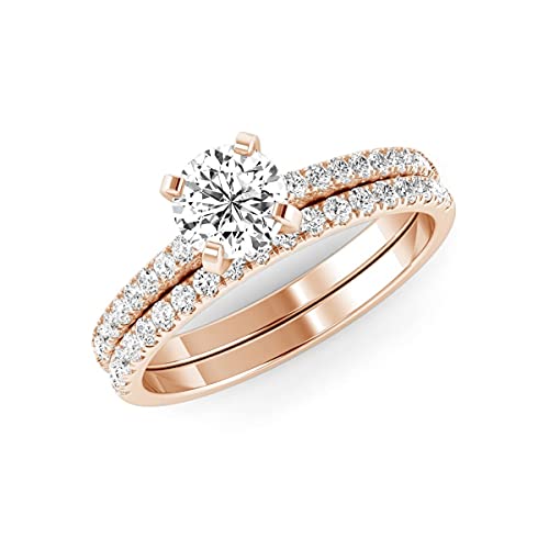 JEWELS FORUM 0.86 Carat Diamond 14k Gold Engagement Ring For Women Bridal Set 0.50cts Solitaire Round Diamond Anniversary Wedding Eternity Bands (Color HI/Clarity I1-2)