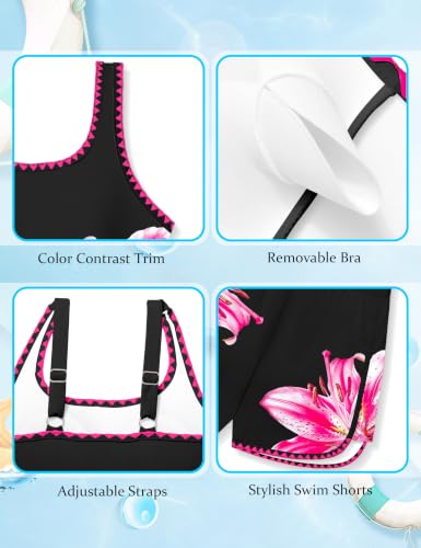Image of Qaoerde Girls Swimsuit One Piece Swimsuits Solid Color Bathing Suit Colorful Contrast Trim Adjustable Straps Swimwear 9-16Y