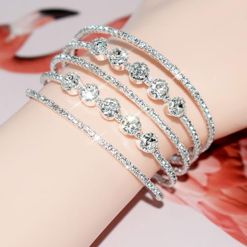 Rhinestone Bracelet for Women Silver Prom Jewelry Cuff Crystal Tennis Bracelets Formal Wedding Party Dress Outfits Accessories3