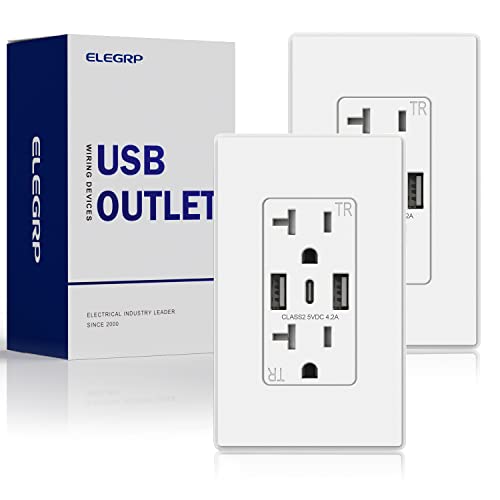 ELEGRP USB Wall Outlet, 3-Port Dual Type C and Type A, 20 Amp USB Outlet Receptacle for iPhone, iPad, Samsung, Google, LG, HTC, Android Devices and More, UL Listed, w/ Wall Plate, 2 Pack, White ELEGRP USB Wall Outlet, 3-Port Dual Type C and Type A, 20 Amp USB Outlet Receptacle for iPhone, iPad, Samsung, Google, LG, HTC, Android Devices and More, UL Listed, w/ Wall Plate, 2 Pack, White