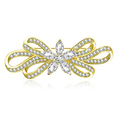 Image of Bridal Crystal Brooches Art Deco Retro Rhinestone Wedding Fashion Glam Bridesmaid Flower Ribbon Brooch Clear Austrian Crystal Gold
