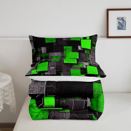 Image of Feelyou Twin Size Geometric Grid Comforter Set Green Black Bedding Set Abstract Art Comforter Boys Girls Geometrics Duvet Insert Kids Bedroom Decor 2Pcs