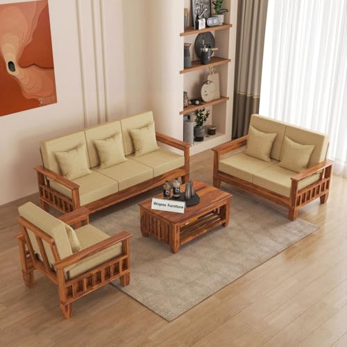 Image of Sheesham Wooden 6 Seater Sofa Set for Living Room | Rosewood Cushion Sofa with Side Newspaper Holder for Home & Office | Solid Wood Sofa Set for Lounge (Honey, 3+2+1 Seater)