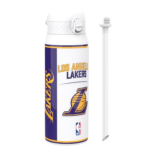 ion8 NBA Los Angeles Lakers Botella Térmica Con Pajita Extraíble, 750ml/24oz, Aislada, A Prueba De Fugas, Fácil De Abrir, Cierre Seguro, Apta Para Lavavajillas, Tapa Abatible, Ideal Para Deportes