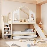 Kinderbett Etagenbett 90x200, Hochbett Hausbett mit Rutsche&Aufbewahrungsleiter&2 Schubladen&Fenstern&Dach, Stockbett Doppelbett Holzbett mit Lattenrost&Rausfallschutz, Kiefer,Ohne Matratze,Holzfarbe