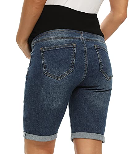 Foucome Women's Materntiy Denim Shorts Over The Belly Comfy Stretch Bermuda Jeans Shorts(Dark Blue, M) #TOP1