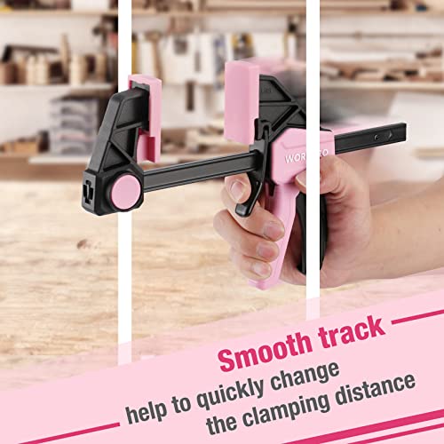 Image of WORKPRO Bar Clamps for Woodworking, 6-Pack One-Handed Clamp /Spreader, 4PC 6 inch and 2PC 12 inch Wood Clamp Set, Light-Duty Quick-Change F Clamps with 150 lbs Load Limit, Pink Ribbon