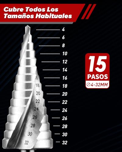 Miniatura 5 de Rekovan Broca Escalonada Para Metal, 4-32mm, Hss 6542 Profesional Puede Perforar Acero Inoxidable, Broca Conica Para Metal, Madera, Hierro, Aluminio, Plástico, Vástago Triangular De 10 Mm, 15 Pasos
