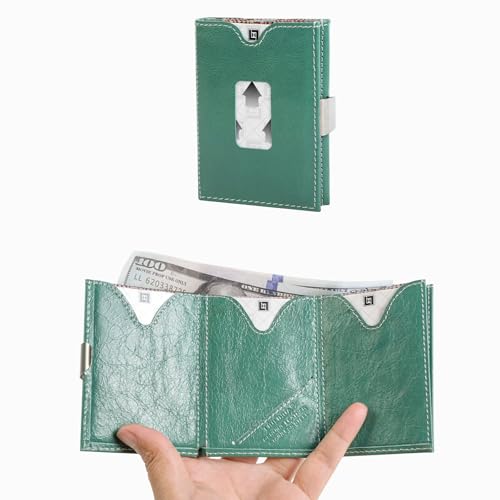 Image of LLH Leather Trifold Wallet - RFID Blocking with Stainless Steel Locking Clip Wallet, Minimalist Front Pocket RFID Blocking Credit Card Holder (Turquoise)