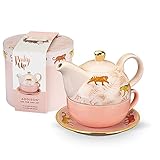 Pinky Up Addison Bangladesh Tea For One Set, Teapot, Pink Tea Cup with Saucer, Plant & Tiger Design