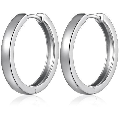 Jiamiaoi 18K White Gold Plated Huggie Hoop Earrings For Men Women,Silver Hoop Earrings 18mm/21mm/25mm, Nickel Free Earring Hoops for Sensitive Ears