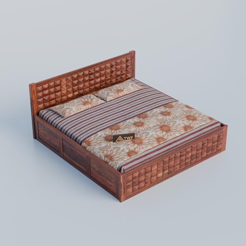 Image of Solid Sheesham Wood Queen Size Bed with Storage Box | Wooden Double Bed for Bedroom | Diamond Design Double Bed Cot Palang for Home | Rosewood, Honey Finish