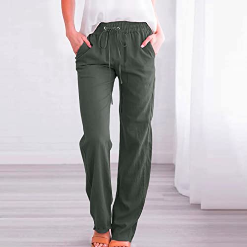 Image of Linen Pants Women High Waisted Drawstring Casual Pant Cotton Linen Straight Leg Lounge Trousers with Side Pockets
