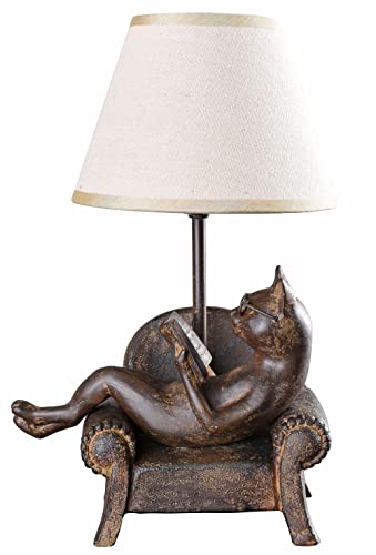 PALAZZO INT Tischlampe Katze Villa Wilhelmina – Katzenfigur mit Brille lesend als Lampenbasis | Landhausstil Tischleuchte mit Stoffschirm | E14-Fassung | Höhe ca. 35 cm |
