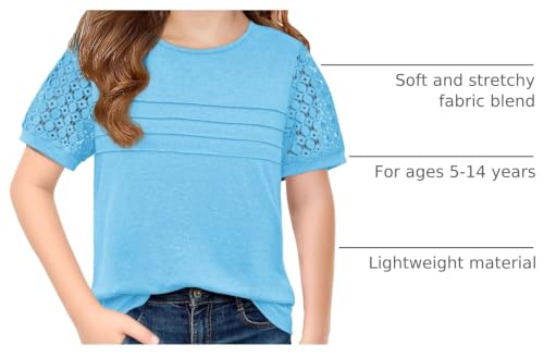 Image of Haloumoning Girls Short Sleeve T Shirts Kids Summer Lace Crewneck Tops Fashion Pleated Tees 5-14 Years