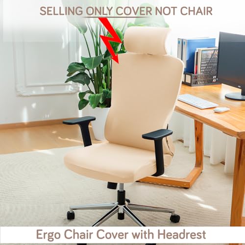 Image of HOKIPO 'SereneSolids' 140 GSM Office Chair Cover with Headrest (High-Back) - 140 GSM Stretch Fabric - Washable, Anti-Slip Fit for Ergonomic Mesh Office Chairs, Beige (AR-5369-BGE)