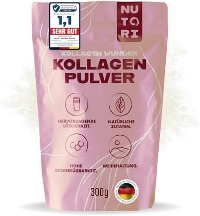 NUTORI - Kollagen Pulver 300 g - Typ I & III - optimale Bioverfügbarkeit und Löslichkeit - Weidehaltung - Collagen Pulver Hydrolysat Peptide - Produziert & laborgeprüft in Deutschl