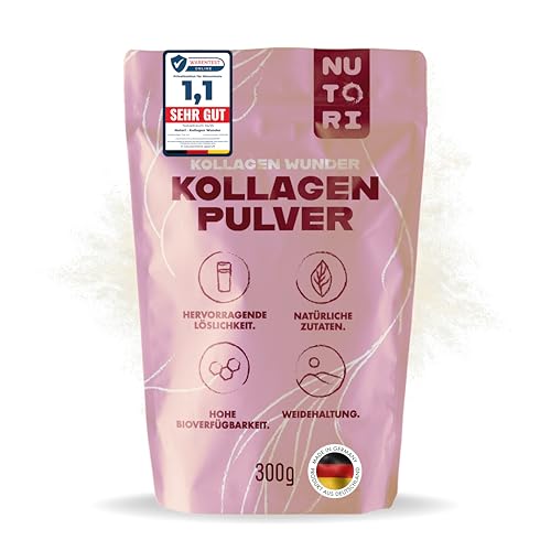 NUTORI - Kollagen Pulver 300 g - Typ I & III - optimale Bioverfügbarkeit und Löslichkeit - Weidehaltung - Collagen Pulver Hydrolysat Peptide - Produziert & laborgeprüft in Deutschland