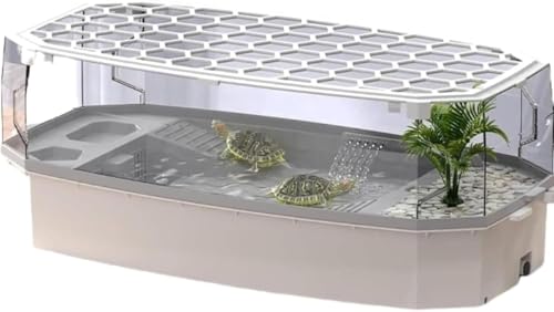 DancJulie亀の水槽 蓋付き カメ用亀 プラスチック 飼育ケース 亀用アクリル 亀ケージ ボックス 観察 排水孔 階段 エサ皿 滑り止め 休憩プラットフォーム 脱出防止 槽 爬虫類ケージ 両生類用 ボックス 亀の楽園 (グレー,S) (グレー,M)