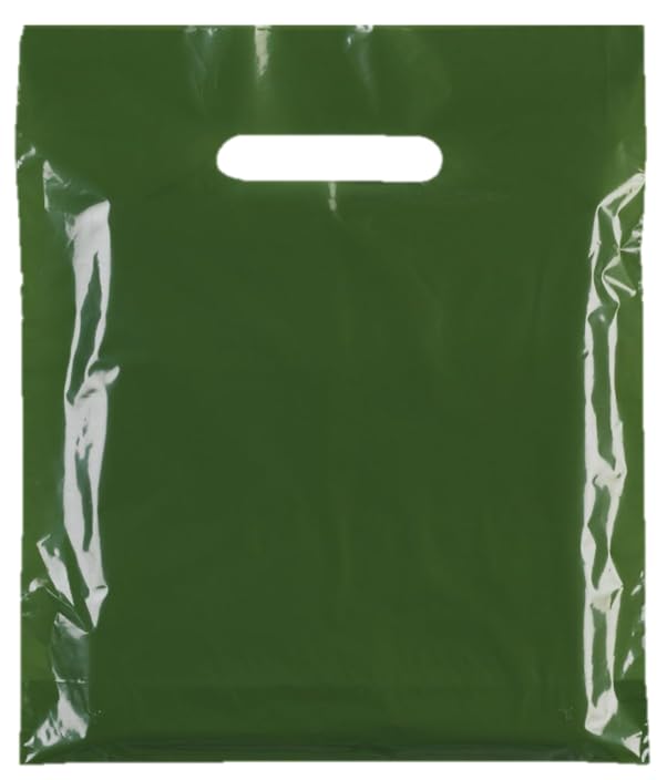Paquete de 50 bolsas de plástico Harrod de color verde, 38 cm x 46 cm + 7 cm, bolsa reutilizable con asa de parche, ideal para boutiques, ropa, joyas, regalos, venta al por menor y compras.