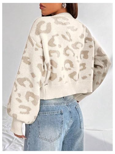 GORGLITTER Women's Leopard Print Open Front Crop Cardigans Long Sleeve Trendy Knit Outwear Coats Beige Small - Image 2