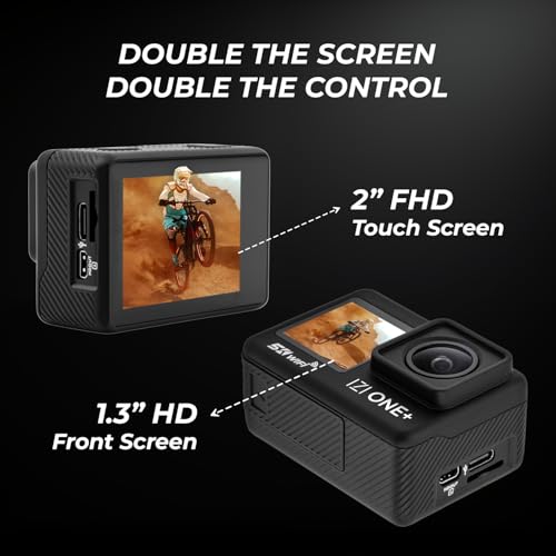 Image of IZI ONE Plus 5K 48MP Action Camera - 6-Axis Gyro Stabilization, 110ft Waterproof, Vlogging, 170 FOV, WiFi, Dual Touch Screen Video Camera, 2X 1350mAh Batteries, Fast C-Type Charge HQ External Mic.