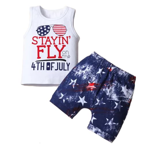 Image of Toddler Boys 4th of July Outfits American Flag Tank Tops Patriotic Shirts Tees Star Shorts 2Pcs Clothes Set