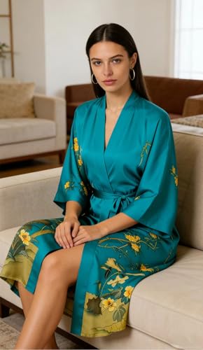 Image of Women's Classic 100% Silk Kimono Robe, Bathrobe-Printed Pattern