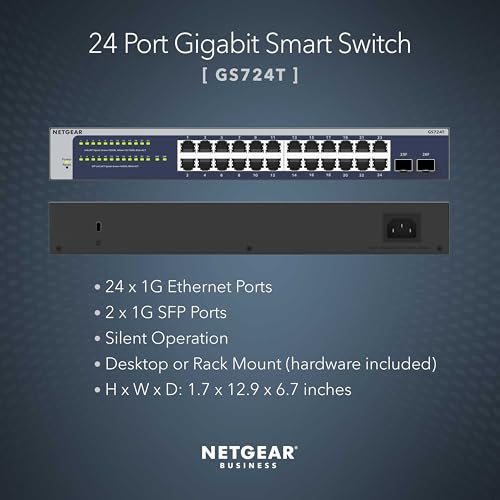 Image of NETGEAR 24-Port Gigabit Ethernet Smart Switch (GS724T) - Managed, Optional 1 Year Insight Cloud Management, with 2 x 1G SFP, Desktop or Rackmount