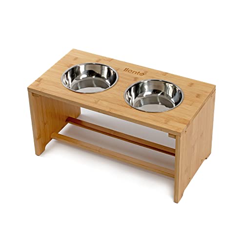 lionto Gamelle surélevée pour Chien Barre d’Alimentation en Bambou pour Animaux de Compagnie 2 Bols en Acier Inoxydable antidérapant, (L) 50x26x26 cm