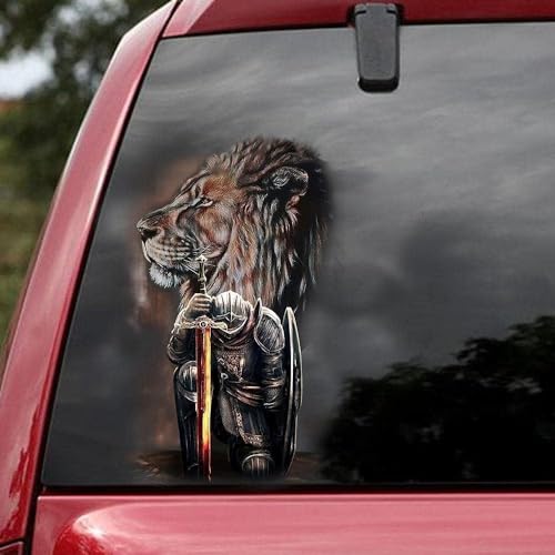 Image of Premium Jesus Car Decal - Lion of Judah with Fighter Warrior Design - Durable & Waterproof Christian Vinyl Sticker for Car, Truck, Window, Laptop, Bumper - 5.88 x 4.68 Inches
