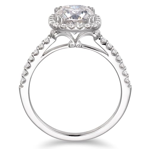 14K White Gold Moissanite Engagement Rings, 14K 2 Carat Cushion Cut Moissanite Ring, 2ct Cushion Cut Halo Engagement Ring (White Gold, 6.5)2
