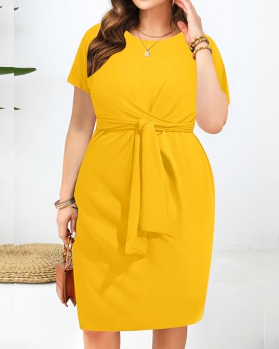 Image of Pinup Fashion Plus Size Dresses for Women Wedding Guest Short Sleeve Tie Front Waist Belted Pencil Work Knee Dress