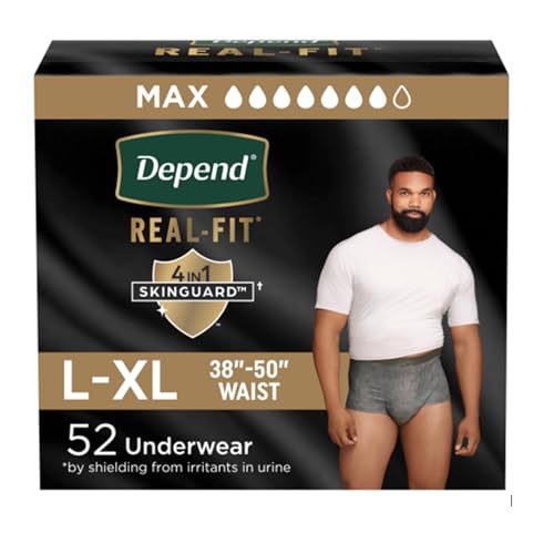 Depend Real Fit Adult Diapers, Incontinence Underwear for Men, Disposable, Maximum Absorbency, Large/Extra Large, 52 Count (2 Packs of 26), Packaging May Vary