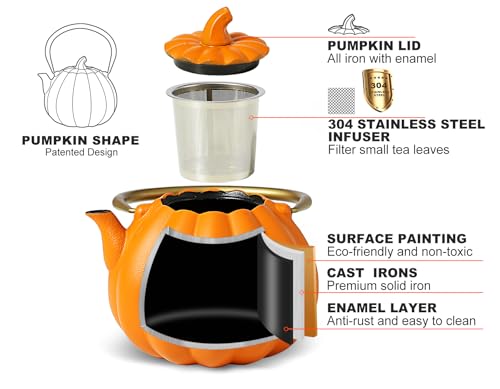 Image of VICSKY Orange Pumpkin Cast Iron Teapot, Natural Pumpkin Color, Japanese Cast Iron Tea Kettle Stovetop Safe with Infuser, Cute Creative Pumpkin Halloween Teapot(40oz /1200ml, Orange)