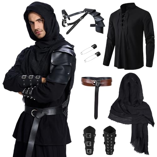 BuzzoXerex Conjunto de Ropa Medieval para Hombre, Juego de Caballero Medieval para Hombre, Conjunto de Traje Renacentista con Camisa Pirata Medieval para Hombre, Cinturón Muñequeras Accesorios