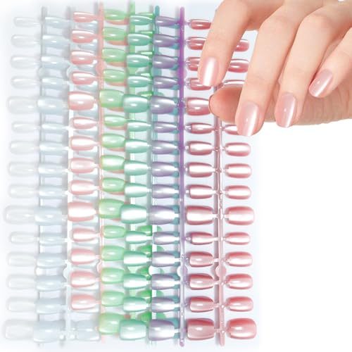 Laza Cat Eye Press on Nails, 7 Colors Short Square Reusable Natural Fake Stick on Nails in 15 Sizes for Women Girls with Salon Quality - Macaroon Series