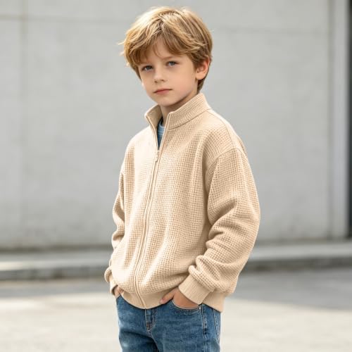 Boys Jacket Waffle Knit Zip Up Hoodie Stand Collar Sweatshirts Size 10-12 - image 3